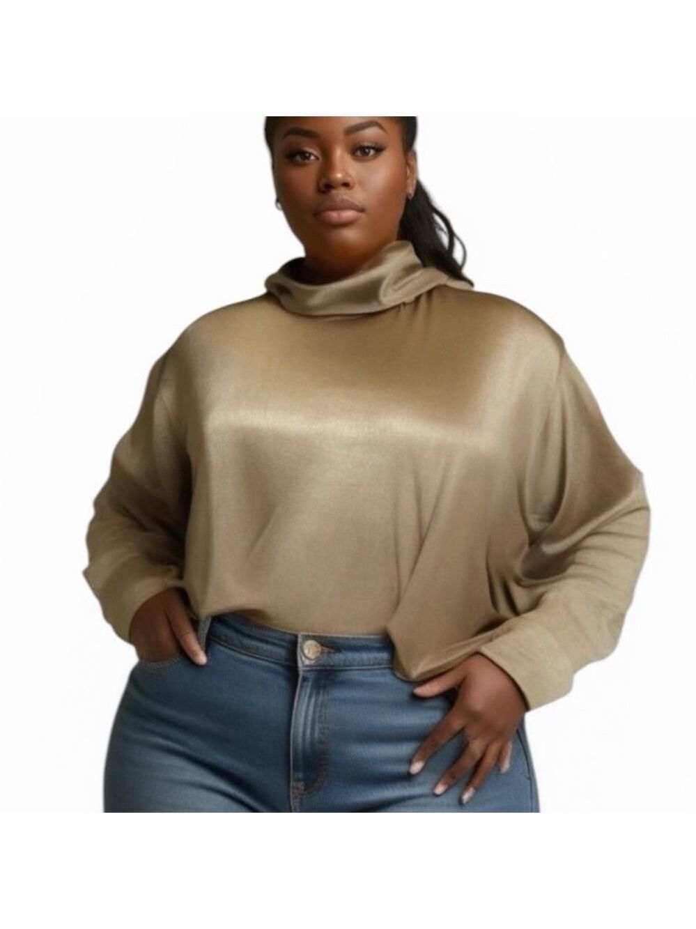 LOFT Shimmering Gold Turtleneck Puff Shoulder Pullover Stretchy NEVER WORN XXL
